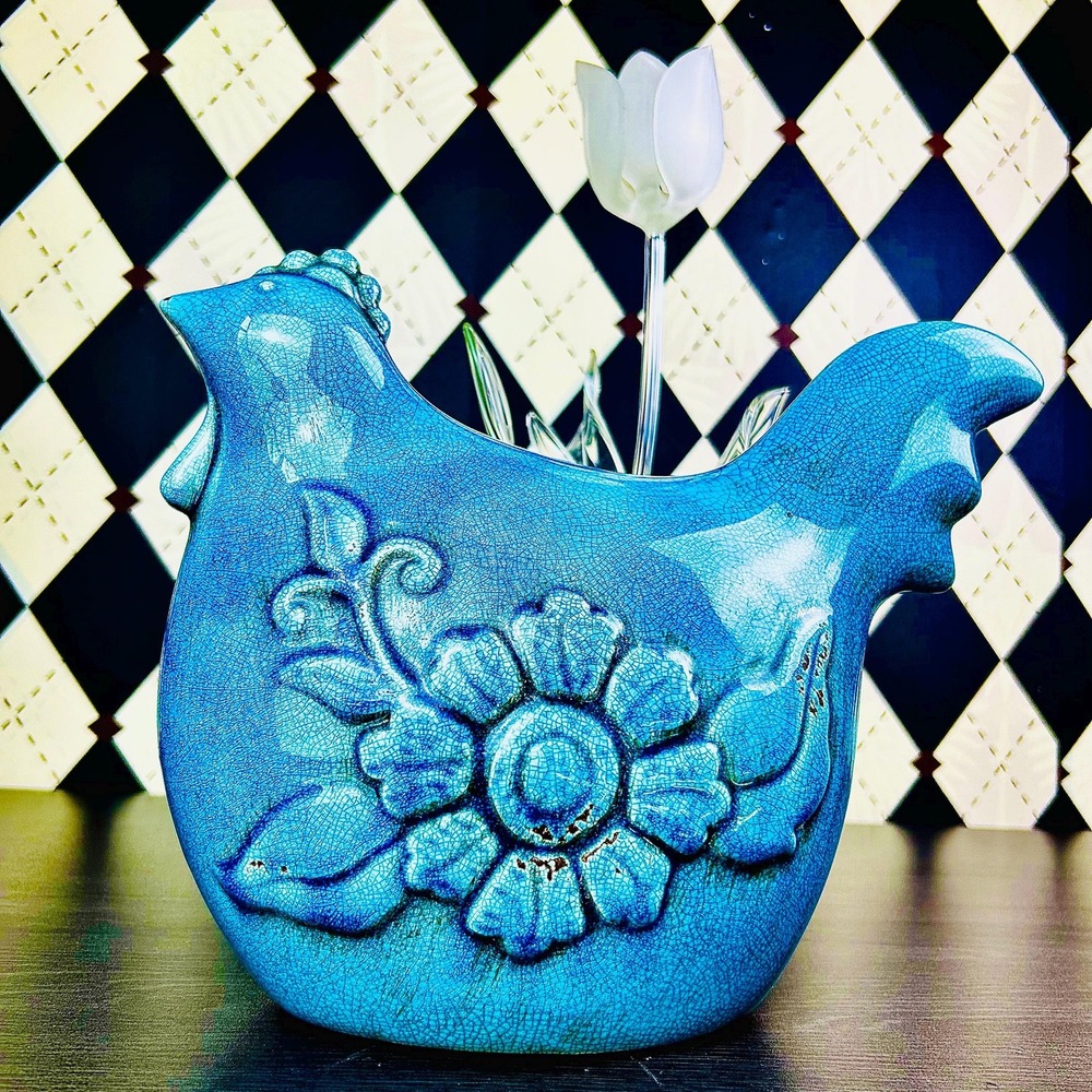 Danish Art Pottery Hen Large 13" 1960's Turquoise Crackle Glaze Scandinavian MCM